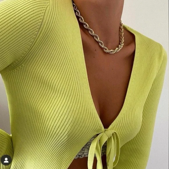 Zara Rib Knit Cropped Front Tie Cardigan Yellow Lime Green S - Picture 2 of 10